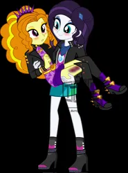 Size: 1512x2048 | Tagged: safe, artist:flamingdash, derpibooru import, adagio dazzle, oc, oc:ardi, human, equestria girls, blushing, boots, bruised, canon x oc, carrying, clothes, duo, eyeshadow, female, g4, image, jpeg, lesbian, looking at each other, looking at someone, makeup, shipping, shoes, smiling