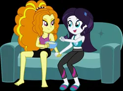 Size: 2048x1519 | Tagged: safe, artist:flamingdash, derpibooru import, adagio dazzle, oc, oc:ardi, human, equestria girls, barefoot, bikini, bowl, canon x oc, clothes, couch, duo, eyeshadow, feet, female, food, g4, holding hands, human oc, image, jpeg, lesbian, lidded eyes, looking at each other, looking at someone, makeup, open mouth, open smile, popcorn, shipping, sitting, slippers, smiling, smiling at each other, swimsuit