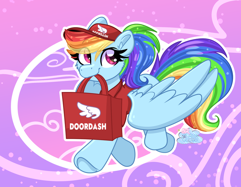 Size: 2182x1694 | Tagged: safe, artist:littleblackraencloud, derpibooru import, rainbow dash, pegasus, pony, bag, cap, cute, dashabetes, doordash, ear fluff, eye clipping through hair, eyebrows, eyebrows visible through hair, female, g4, hat, image, looking at you, mare, mouth hold, png, pun, smiling, smiling at you, solo, underhoof, visual pun, wings