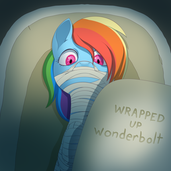 Size: 1024x1024 | Tagged: safe, artist:zettaidullahan, derpibooru import, rainbow dash, pegasus, pony, fanfic, fanfic:wrapped up wonderbolt, bandage, bondage, fanfic art, fanfic cover, female, image, mare, mummification, mummified, png, sarcophagus, story in the source, title, wrapped up