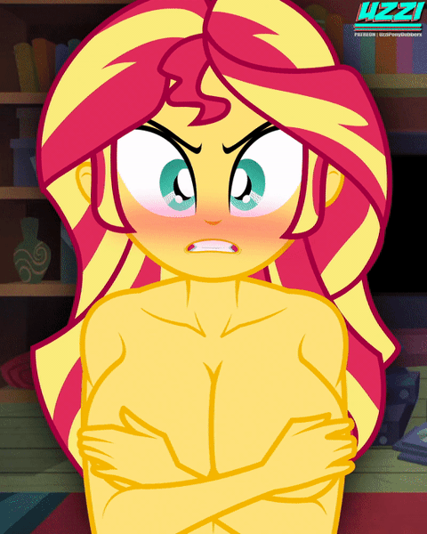Size: 560x700 | Tagged: explicit, artist:uzzi-ponydubberx, sunset shimmer, human, equestria girls, adult, angry, animated, annoyed, areola, bare shoulders, big breasts, blushing, bouncing, bouncing breasts, breasts, busty sunset shimmer, complete nudity, covering breasts, curvy, eyebrows down, female, fetish, gif, gritted teeth, human coloration, humanized, hypno eyes, hypnosis, hypnosis fetish, hypnotized, image, imminent sex, implied sex, nipples, nude version, nudity, sexy, show accurate, solo, solo female, stupid sexy sunset shimmer, teeth, yellow body, yellow skin, young, young adult