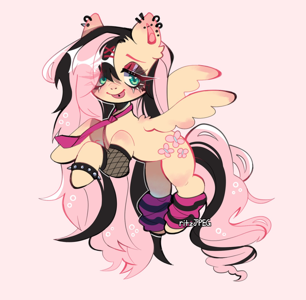 Size: 1600x1566 | Tagged: safe, artist:ritzjpeg, derpibooru import, fluttershy, pegasus, pony, :p, bracelet, clothes, ear piercing, earring, emo, emoshy, eye clipping through hair, eyebrows, eyebrows visible through hair, female, fishnets, g4, image, jewelry, looking at you, mare, necktie, piercing, png, scene, signature, simple background, smiling, smiling at you, socks, solo, spiked wristband, spread wings, striped socks, tongue out, tongue piercing, wingding eyes, wings, wristband