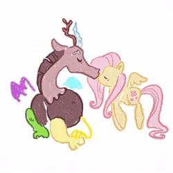 Size: 1080x1080 | Tagged: safe, artist:ella.doodles, derpibooru import, discord, fluttershy, antlers, crayon drawing, cuteness overload, discoshy, female, flying, horn, image, jpeg, kissing, male, shipping, straight, traditional art