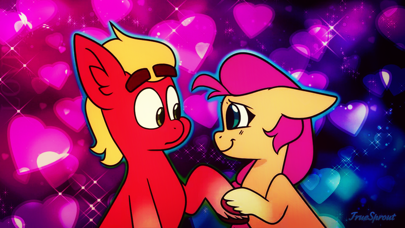 Size: 1368x770 | Tagged: safe, artist:princewhateverer, derpibooru import, sprout cloverleaf, sunny starscout, earth pony, pony, g5, abstract background, braid, cute, duo, female, heart, image, looking at each other, looking at someone, love, male, mare, png, romance, romantic, shipping, smiling, sproutbetes, stallion, straight, sunnysprout