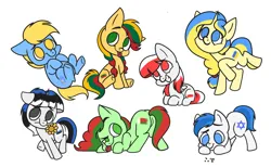 Size: 2957x1823 | Tagged: safe, artist:northglow, derpibooru import, oc, oc:ukraine, ponified, earth pony, pegasus, pony, unicorn, base used, belarus, estonia, flower, horn, image, israel, kazakhstan, lithuania, looking at each other, looking at someone, looking up, lying, nation ponies, png, poland, simple background, sitting, smiling, ukraine