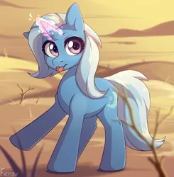 Size: 1962x2000 | Tagged: safe, artist:fensu-san, derpibooru import, trixie, pony, unicorn, :p, cute, desert, diatrixes, female, g4, glow, glowing horn, horn, image, looking at you, magic, magic aura, mare, outdoors, png, raised hoof, signature, silly, silly pony, smiling, smiling at you, solo, starry eyes, tongue out, wingding eyes