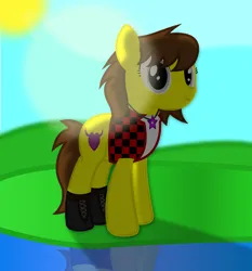 Size: 1400x1505 | Tagged: safe, artist:cardshark777, derpibooru import, oc, oc:liz (cardshark777), unofficial characters only, earth pony, pony, alone, boots, clothes, female, horn, horn ring, image, jacket, jewelry, lens flare, mare, necklace, png, redesign, reflection, ring, shading, shoes, smiling, solo, standing, sun, water, white shirt