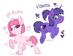 Size: 984x755 | Tagged: safe, artist:cosmosartist-188, artist:muhammad yunus, derpibooru import, oc, oc:annisa trihapsari, oc:violetta cuddles belle, unofficial characters only, alicorn, earth pony, pony, unicorn, base used, duo, duo female, earth pony oc, female, happy, heart, hidden mickey, horn, ibispaint x, image, looking at you, mare, name, open mouth, open smile, png, ponytail, simple background, smiling, smiling at you, transparent background, unicorn oc, watermark