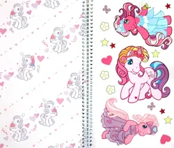 Size: 1276x1080 | Tagged: safe, artist:lyn fletcher, derpibooru import, official, cheerilee (g3), pinkie pie (g3), rainbow dash (g3), rarity (g3), scootaloo (g3), earth pony, g3, book, clothes, confetti, dress, egmont, flower, food, hat, heart, ice cream, image, jewelry, jpeg, looking at you, looking away, page, party hat, scan, smiling, smiling at you, standing, tiara, toola-roola