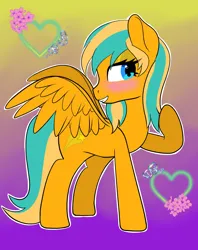 Size: 1618x2048 | Tagged: safe, alternate version, artist:sketchyapple, derpibooru import, oc, oc:starry cheeks, oc:starry cheeks the cunning, unofficial characters only, pegasus, blushing, heart, image, pegasus oc, png, solo, wings