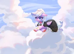 Size: 3600x2654 | Tagged: safe, artist:twinkling, derpibooru import, oc, pegasus, pony, clothes, cloud, heterochromia, image, maid, on a cloud, pegasus oc, png, solo, wings
