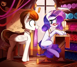 Size: 4531x3968 | Tagged: safe, artist:nevobaster, derpibooru import, rarity, oc, oc:rml, pegasus, pony, unicorn, canon x oc, carpet, chair, clothes, eyeshadow, female, fire, g4, glasses, horn, image, lamp, lidded eyes, looking at each other, looking at someone, makeup, male, mare, png, scarf, sewing, sewing machine, sitting, slippers, snow, snowfall, stallion, tired, wings, working