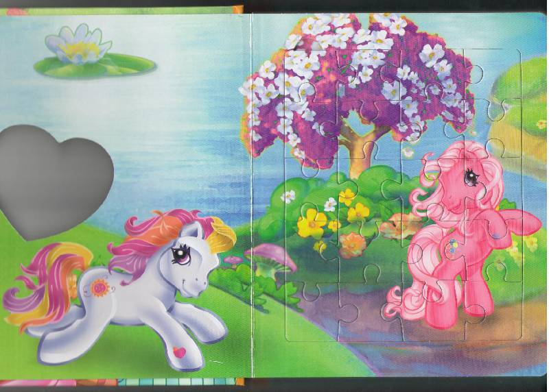 Size: 800x572 | Tagged: safe, derpibooru import, official, pinkie pie (g3), sunny daze (g3), earth pony, g3, book, egmont, flower, heart, image, jpeg, lake, looking at you, merchandise, mushroom, page, running, scan, smiling, smiling at you, standing, tree, water, waterlily