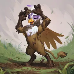 Size: 1024x1024 | Tagged: safe, ai content, derpibooru import, machine learning generated, stable diffusion, gilda, gryphon, bipedal, cute, dirty, image, mud, mud bath, muddy, playing, png, solo