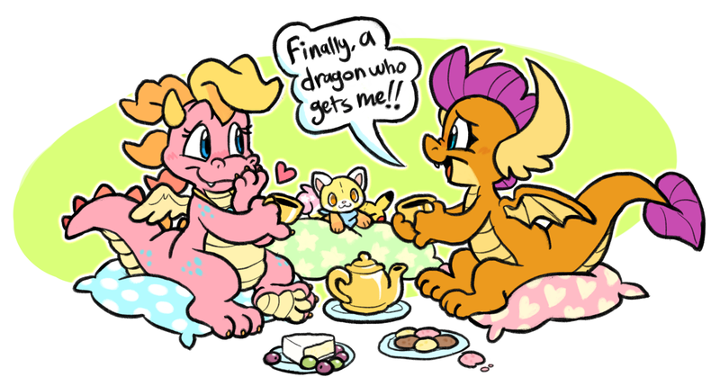 Size: 1964x1053 | Tagged: safe, artist:raystarkitty, derpibooru import, smolder, dragon, pikachu, blushing, cake, cassie (dragon tales), cookie, crossover, cup, cute, dialogue, dragon tales, dragoness, duo, duo female, female, food, g4, heart, image, open mouth, open smile, pillow, plushie, png, pokémon, sitting, smiling, smolderbetes, tea, tea party, teacup, teapot