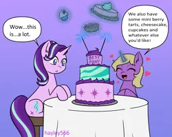 Size: 2269x1808 | Tagged: safe, artist:hayley566, derpibooru import, starlight glimmer, oc, oc:hay meadow, pony, unicorn, best pony, blushing, cake, cupcake, cute, duo, duo female, eyes closed, female, food, glow, glowing horn, gradient background, heart, horn, image, levitation, magic, mare, open mouth, pie, plate, png, starlight glimmer day, stool, table, tablecloth, telekinesis