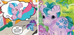 Size: 447x217 | Tagged: safe, derpibooru import, idw, official, moose, unicorn, g1, g5, my little pony: tell your tale, spoiler:comic, spoiler:g5, 2d, horn, image, jpeg, looking at you, looking away, misty brightdawn, reference, ribbon, smiling