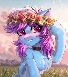 Size: 1901x2160 | Tagged: safe, artist:hakaina, derpibooru import, oc, unofficial characters only, earth pony, pony, cute, field, floral head wreath, flower, image, mountain, png, scenery