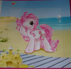 Size: 800x777 | Tagged: safe, derpibooru import, official, butterfly, earth pony, insect, g3, 2d, beach, boat, book, egmont, image, jpeg, looking at you, ocean, page, photo, sand, sandcastle, smiling, smiling at you, standing, water