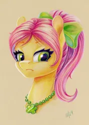 Size: 848x1200 | Tagged: safe, artist:maytee, derpibooru import, posey (g5), earth pony, pony, g5, angry, bow, bust, colored pencil drawing, female, hair bow, image, jewelry, looking at you, mare, necklace, png, ponytail, portrait, posey bloom is not amused, scowl, simple background, solo, traditional art, unamused