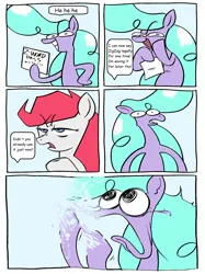 Size: 1492x2000 | Tagged: safe, artist:swagstapiece, derpibooru import, oc, oc:be, oc:foamy bubblestarter, unofficial characters only, pegasus, pony, comic, derpibooru exclusive, dissolving, grin, image, panic, png, smiling, speech bubble, text