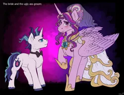 Size: 1093x840 | Tagged: safe, artist:binibean, derpibooru import, princess cadance, shining armor, alicorn, pony, unicorn, abstract background, alternate hairstyle, blushing, bowtie, clothes, dress, female, height difference, horn, image, jpeg, male, mare, meme, messy mane, ship:shiningcadance, shipping, stallion, straight, the bride and the ugly ass groom, wedding dress