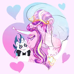 Size: 1000x1000 | Tagged: safe, artist:miyalaflordorada, derpibooru import, princess cadance, shining armor, alicorn, pony, unicorn, alternate hairstyle, bowtie, chest fluff, clothes, dress, duo, duo male and female, female, hair bun, heart, heart eyes, horn, image, kiss on the cheek, kissing, larger female, male, mare, meme, pink background, png, ship:shiningcadance, shipping, simple background, size difference, smaller male, smol, stallion, straight, the bride and the ugly ass groom, veil, wedding dress, wedding veil, wingding eyes