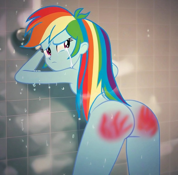 Size: 1024x1008 | Tagged: suggestive, ai content, derpibooru import, machine learning assisted, machine learning generated, rainbow dash, equestria girls, butt, crying, embarrassed, image, jpeg, looking back, nudity, punishment, rainbutt dash, shower, spank mark, spanked, spanking, tears of pain