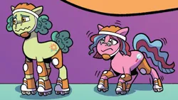 Size: 1054x595 | Tagged: safe, artist:natalie haines, derpibooru import, idw, earth pony, pony, g5, spoiler:comic, spoiler:g5comic, cropped, duo, emanata, female, glasses, helmet, image, jpeg, knee pads, male, mare, my little pony: kenbucky roller derby, nervous, oopsie daisy, roller skates, runny nose, skates, sniffles (g5), stallion