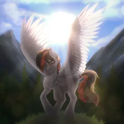 Size: 3000x3000 | Tagged: safe, artist:enderbee, derpibooru import, oc, oc:primaryforce, pegasus, pony, forest, full body, image, looking at you, male, mountain, nature, png, sky, smiling, smiling at you, solo, spread wings, stallion, sun, tree, wings