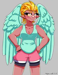 Size: 2975x3850 | Tagged: safe, artist:mylittleyuri, derpibooru import, lightning dust, human, blushing, breasts, clothes, ear piercing, earring, elf ears, female, gray background, humanized, image, jewelry, nail polish, piercing, png, shorts, simple background, solo, sports shorts, tanktop, winged humanization, wings