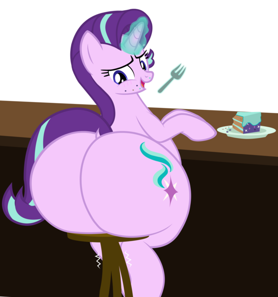 Size: 6400x6847 | Tagged: suggestive, artist:duskyzombie, derpibooru import, starlight glimmer, pony, unicorn, blushing, butt, cake, cake slice, dock, female, food, fork, g4, glimmer glutes, horn, huge butt, image, large butt, looking back, mare, open mouth, plot, png, sitting, solo, squishy, starlight glimmer day, stool, tail, the ass was fat
