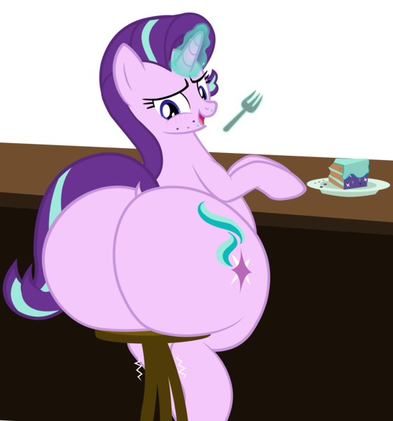 Size: 6400x6847 | Tagged: suggestive, artist:duskyzombie, derpibooru import, starlight glimmer, pony, unicorn, g4, blushing, butt, cake, cake slice, dock, female, food, fork, glimmer glutes, horn, huge butt, image, large butt, looking back, mare, open mouth, plot, png, sitting, solo, squishy, starlight glimmer day, stool, tail, the ass was fat