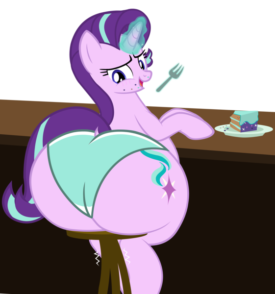 Size: 6400x6847 | Tagged: suggestive, alternate version, artist:duskyzombie, derpibooru import, starlight glimmer, pony, unicorn, blushing, butt, cake, cake slice, clothes, dock, female, food, fork, g4, glimmer glutes, horn, huge butt, image, large butt, looking back, mare, open mouth, plot, png, sitting, solo, squishy, starlight glimmer day, stool, tail, the ass was fat, underwear
