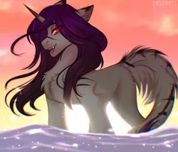 Size: 2800x2400 | Tagged: safe, artist:enderbee, derpibooru import, oc, oc:enderbee, pony, unicorn, chest fluff, ear fluff, female, horn, image, mare, ocean, png, purple hair, smiling, solo, sun, sunset, tail, tail fluff, water