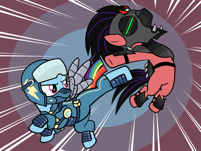 Size: 2048x1536 | Tagged: safe, derpibooru import, official, rainbow dash, crystal pony, pony, the cutie re-mark, .svg available, alternate timeline, amputee, apocalypse dash, armor, artificial wings, augmented, budge studios, clothes, crystal war timeline, duo, duo male and female, female, fight, flight suit, g4, glare, helmet, image, kicking, male, mare, mind control, my little pony color by magic, png, prosthetic limb, prosthetic wing, prosthetics, sombra soldier, spread wings, stallion, uniform, vector, wings