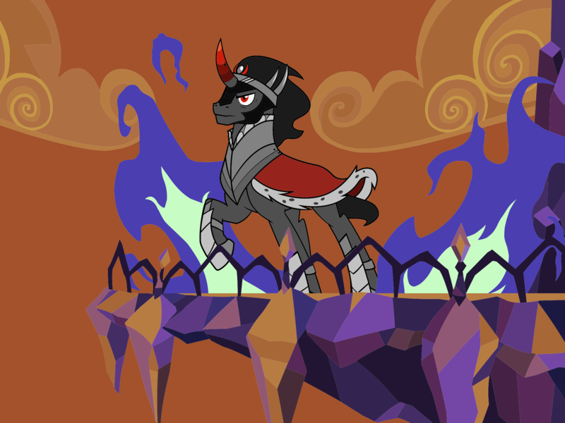 Size: 2048x1536 | Tagged: safe, derpibooru import, official, king sombra, pony, unicorn, the cutie re-mark, .svg available, alternate timeline, balcony, black outlines, budge studios, crystal, crystal war timeline, dark crystal, fire, g4, horn, image, male, my little pony color by magic, png, raised hoof, solo, stallion, vector