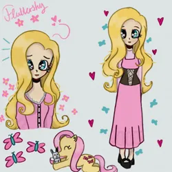 Size: 1280x1280 | Tagged: safe, artist:artmiiracle, derpibooru import, angel bunny, fluttershy, butterfly, human, insect, pegasus, pony, rabbit, animal, blonde hair, clothes, cute, dress, eyes closed, female, flats, heart, humanized, image, jpeg, mare, natural hair color, shirt, shoes, shyabetes, solo
