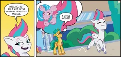 Size: 1334x636 | Tagged: safe, artist:jack lawrence, derpibooru import, idw, hitch trailblazer, zipp storm, earth pony, moose, pegasus, pony, g1, g5, spoiler:comic, spoiler:g5comic, animal in mlp form, dialogue, duo, female, gradient background, image, jpeg, male, mare, my little pony: mane event, oakly, official comic, pun, speech bubble, stallion, thought bubble, unshorn fetlocks