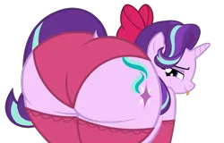 Size: 5154x3292 | Tagged: suggestive, artist:duskyzombie, derpibooru import, starlight glimmer, pony, unicorn, :p, blushing, bow, butt, clothes, dock, female, g4, glimmer glutes, hair bow, horn, huge butt, image, large butt, lidded eyes, mare, plot, png, presenting, socks, solo, starlight glimmer day, tail, the ass was fat, tongue out, underwear