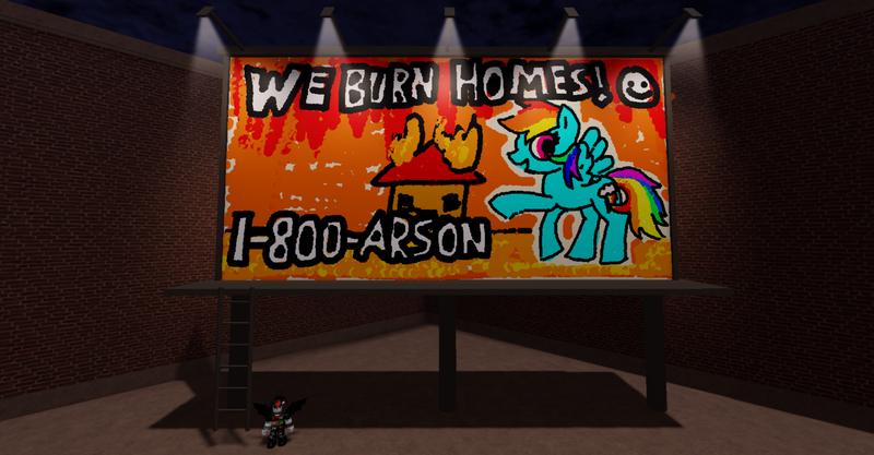 Size: 1715x894 | Tagged: safe, artist:xxv4mp_g4z3rxx, derpibooru import, rainbow dash, pegasus, pony, arson, billboard, blue coat, fire, flying, house, image, meme, multicolored hair, night, phone number, png, rainbow hair, rainbow tail, red eyes, roblox, smiley face, solo, tail, text, video game