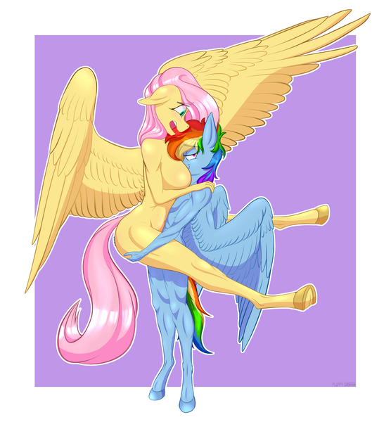 Size: 4840x5220 | Tagged: questionable, artist:fluffyorbiter, derpibooru import, fluttershy, rainbow dash, anthro, pegasus, pony, unguligrade anthro, 2 handfuls of dat ass, barbie doll anatomy, bedroom eyes, boob smothering, breasts, busty fluttershy, delicious flat chest, embarrassed, eye clipping through hair, eyebrows, eyebrows visible through hair, eyes open, feather, female, floppy ears, flutterdash, frog (hoof), g4, grin, heart, heart eyes, height difference, holding, hooves, image, lesbian, looking at you, muscles, nudity, open mouth, passepartout, png, rainbuff dash, shipping, signature, size difference, smiling, smothering, spread wings, standing, surprised, tallershy, underhoof, wingding eyes, wings