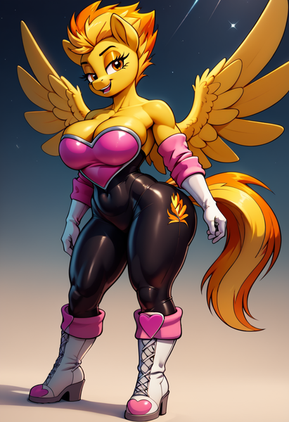 Size: 2496x3648 | Tagged: safe, ai content, derpibooru import, machine learning generated, stable diffusion, spitfire, anthro, pegasus, big breasts, boots, breasts, busty spitfire, cleavage, clothes, crossover, female, generator:pony diffusion v6 xl, gloves, high heel boots, high res, image, open mouth, open smile, png, prompter:lotsofcaps, rouge the bat costume, shoes, simple background, smiling, solo, sonic the hedgehog (series)