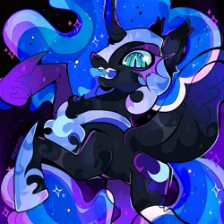 Size: 2048x2048 | Tagged: safe, artist:infinithiez, derpibooru import, nightmare moon, alicorn, pony, abstract background, armor, black coat, blue eyes, blue mane, blue sclera, blue tail, chest fluff, coat markings, colored eartips, colored eyelashes, colored sclera, curved horn, ear fluff, ear tufts, ethereal mane, ethereal tail, eyeshadow, fangs, female, g4, helmet, hoof shoes, horn, image, jewelry, jpeg, lidded eyes, looking down, makeup, mare, multicolored mane, multicolored tail, open mouth, open smile, peytral, princess shoes, profile, rearing, regalia, sharp teeth, signature, slit pupils, smiling, solo, sparkles, spread wings, starry mane, starry tail, tail, teeth, thick eyelashes, transparent wings, unicorn horn, wavy mane, wavy tail, wingding eyes, wings