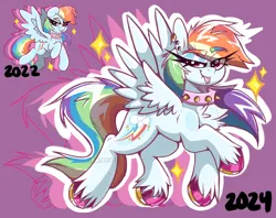 Size: 4096x3237 | Tagged: safe, artist:allicoot, derpibooru import, rainbow dash, pegasus, pony, :p, chest fluff, choker, colored eyebrows, colored hooves, comparison, ear piercing, earring, eye clipping through hair, eyebrows, eyebrows visible through hair, eyelashes, fangs, female, g4, grin, horseshoes, image, jewelry, lidded eyes, mare, piercing, png, purple background, redraw, simple background, smiling, solo, sparkles, spiked choker, spread wings, tongue out, unshorn fetlocks, watermark, wings