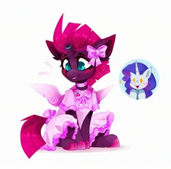Size: 2427x2392 | Tagged: safe, artist:buvanybu, derpibooru import, rarity, tempest shadow, pony, unicorn, blushing, bow, broken horn, choker, clothes, dress, female, frilly dress, hair bow, horn, image, inset, jpeg, mare, pink dress, simple background, sitting, tail, tail bow, white background, wingding eyes