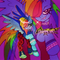 Size: 1800x1800 | Tagged: safe, artist:sodapop020, derpibooru import, rainbow dash, pegasus, pony, alternate design, alternate hair color, alternate hairstyle, bracelet, choker, clothes, duality, female, g4, hair over one eye, image, jewelry, jpeg, lidded eyes, long eyelashes, long mane, long tail, looking at you, mare, messy mane, narrowed eyes, pants, punk, rainbow punk, raised hoof, shiny mane, shiny tail, shoes, signature, sneakers, solo, spiked choker, spread wings, tail, tanktop, wings