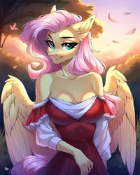 Size: 2048x2560 | Tagged: suggestive, ai content, derpibooru import, generator:awpmixxl, machine learning generated, stable diffusion, fluttershy, anthro, pegasus, bare shoulders, bedroom eyes, big breasts, breasts, busty fluttershy, cleavage, clothes, dress, ear fluff, female, g4, heart, heart eyes, image, jpeg, looking at you, outdoors, partially open wings, prompter:frostru, red dress, sexy, smiling, smiling at you, solo, tree, wingding eyes, wings