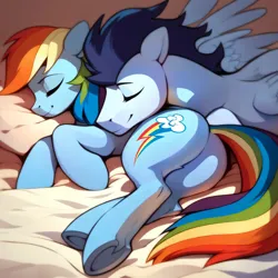 Size: 4096x4096 | Tagged: safe, ai content, derpibooru import, machine learning generated, prompter:*rainbow dash*, stable diffusion, rainbow dash, soarin', pegasus, pony, bed, butt, female, g4, generator:purplesmart.ai, image, male, mare, plot, png, shipping, sleeping, soarindash, straight