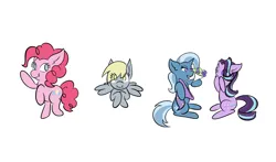 Size: 2646x1551 | Tagged: safe, artist:tkshoelace, derpibooru import, derpy hooves, pinkie pie, starlight glimmer, trixie, earth pony, pegasus, pony, unicorn, female, horn, image, lesbian, png, shipping, simple background, startrix, white background
